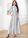Women's Geometric Stripe Button Pocket O-Neck Ankle-Length Dress - White