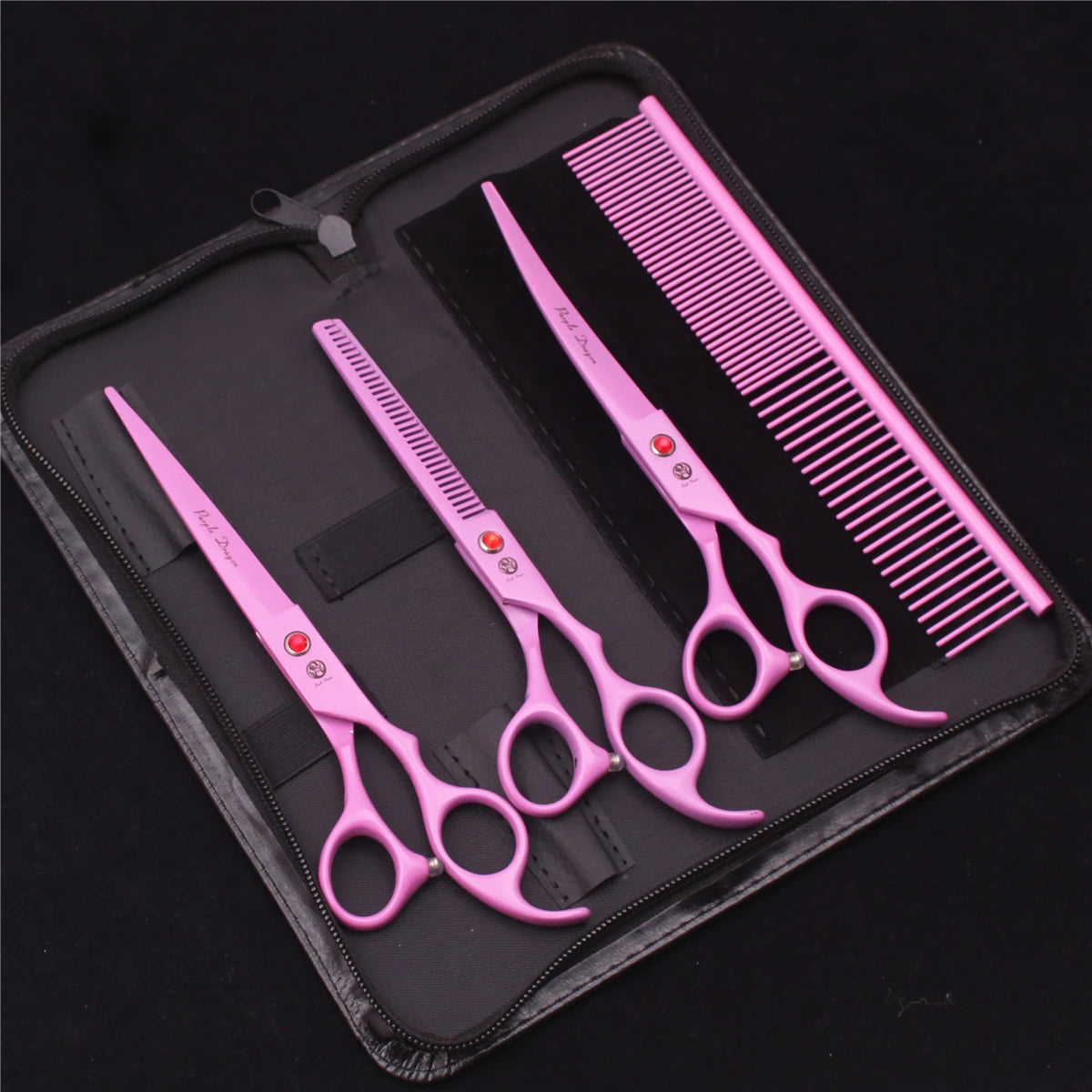 7-Inch (17.8 cm) Japanese 440C Pet Grooming Scissors Set — Straight 7 in, Curved 7 in, Thinning 6.5 in (16.5 cm) for Dog & Cat Grooming with Comb & Hemostatic Forceps