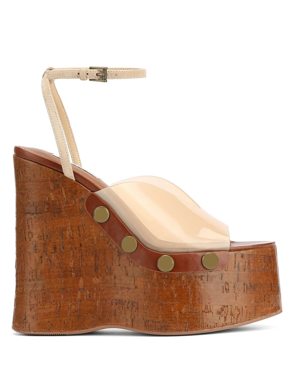 Women's Woodgrain Chunky Sandals – Square Block Heel 14 cm (5.5 in), Waterproof, Rivet & Rhinestone Accents, Metal Buckle