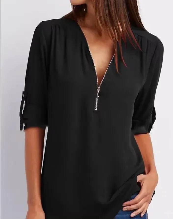 Women's Loose V-Neck Chiffon Blouse with Zipper Pullover — Casual Plus Size