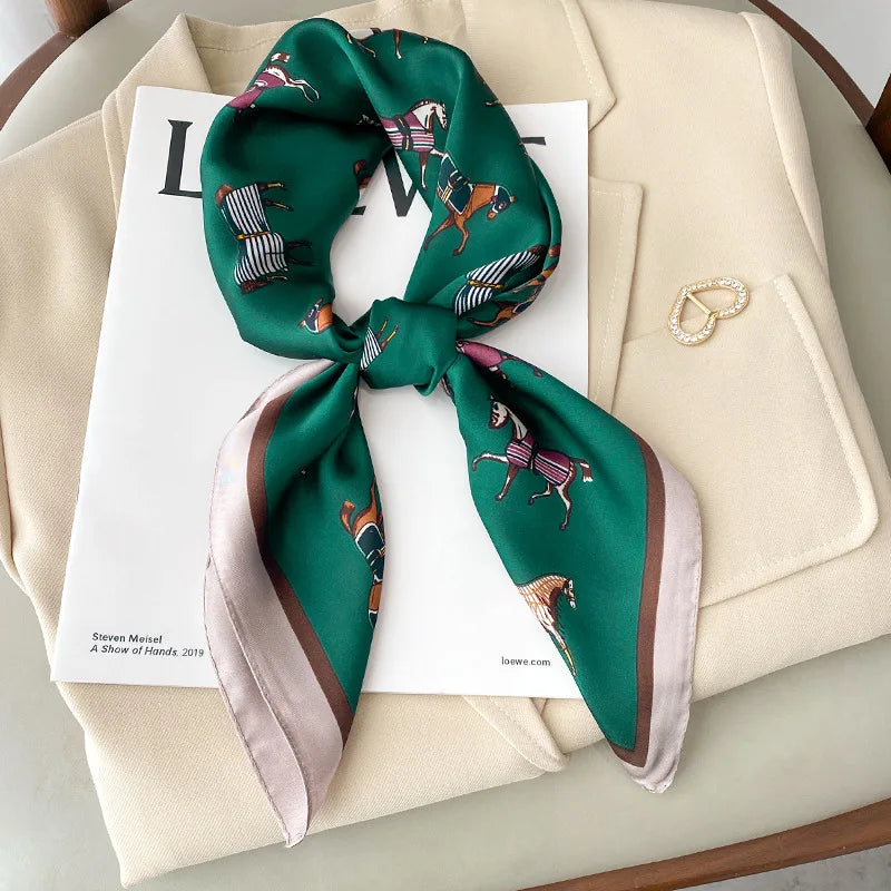 Luxury Horse Print Silk-Feel Square Scarf 70 x 70 cm (27.6 x 27.6 in) – Women's Neck, Hair, Foulard, Bandana