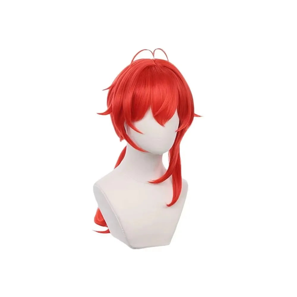 Diluc Anime Cosplay Wig – Long Red Straight Ponytail, Heat-Resistant Synthetic Hair