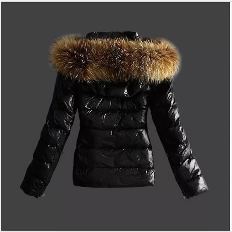 Women's Faux PU Leather Short Winter Coat with Artificial Fur Collar and Waterproof Windproof Design