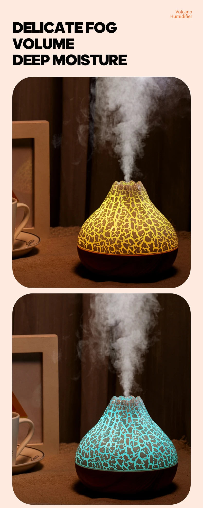 300ml USB Ultrasonic Volcano Air Humidifier Desktop Diffuser with 7-Color Night Light