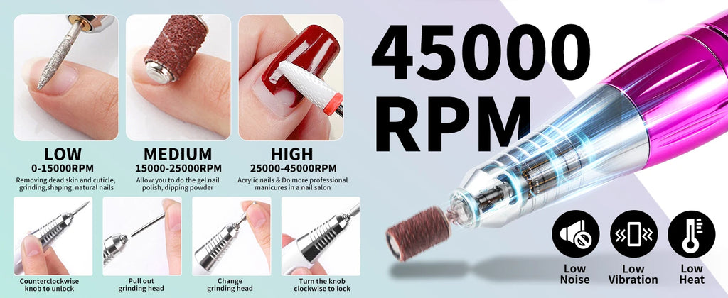 45,000 RPM Electric Nail Drill Kit — Professional Manicure & Pedicure Nail File Set with 11 Bits, Low Noise LCD, USB