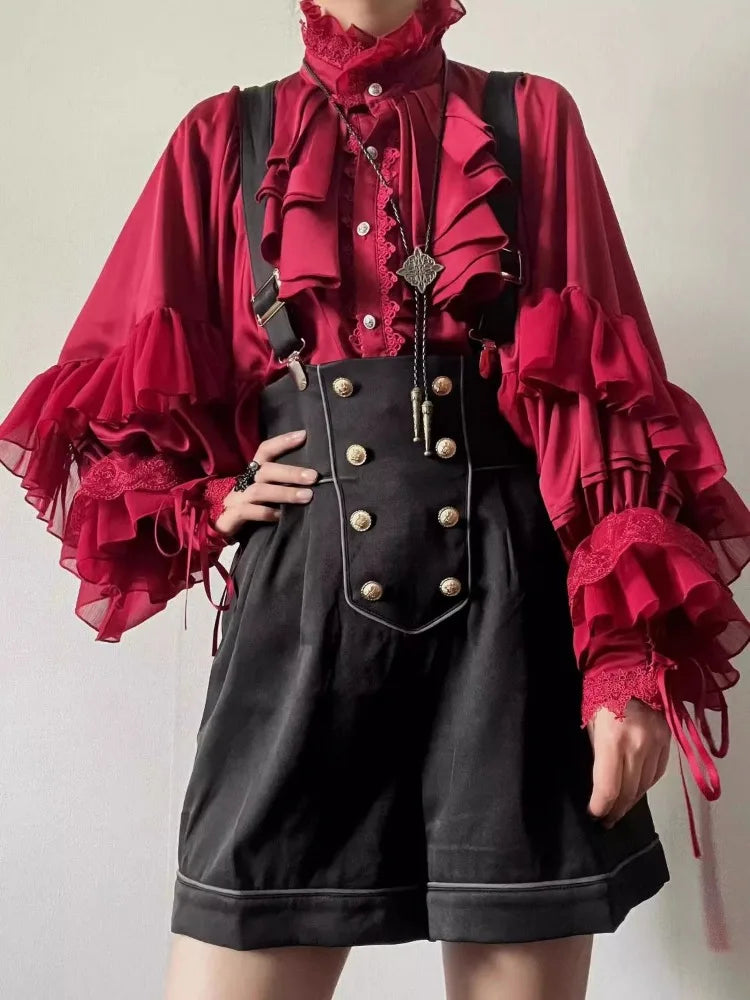 Kawaii Lolita Blouse for Women – Vintage Lace Patchwork Lantern Sleeve Top, Y2K Aesthetic JK Cosplay