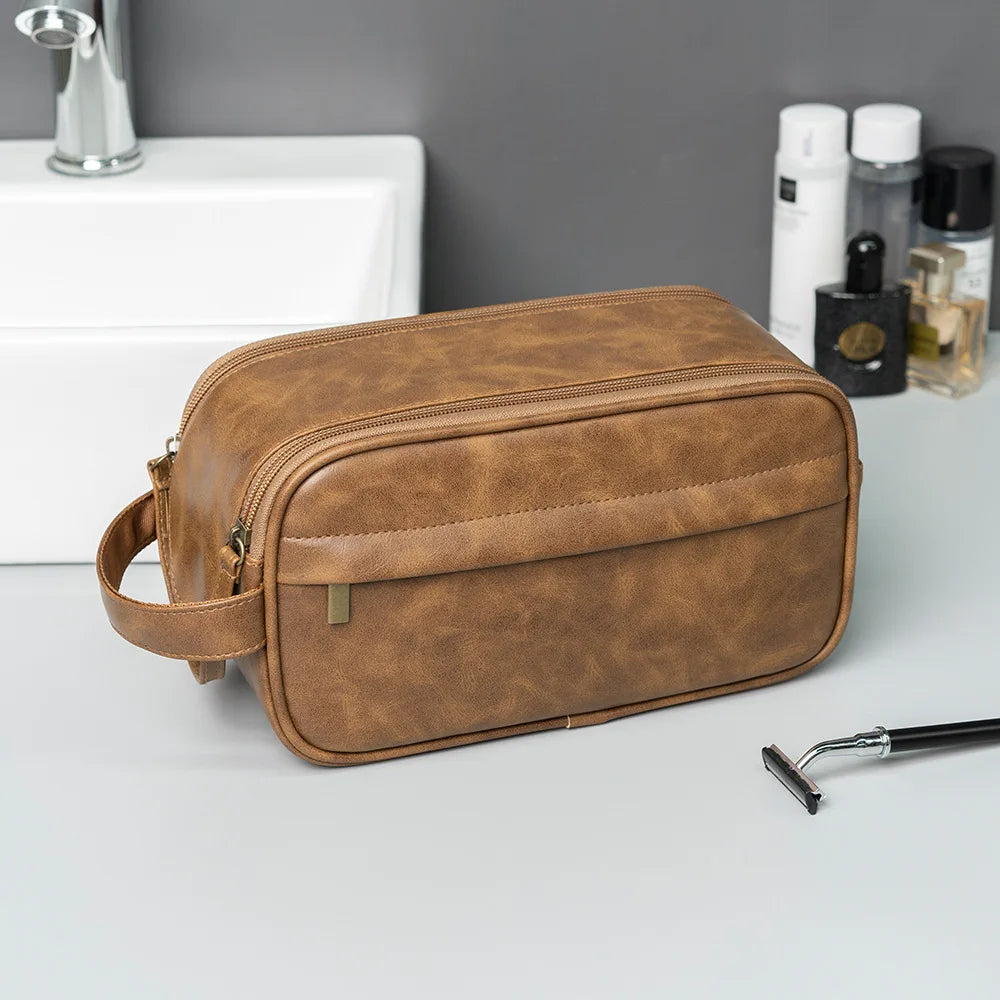Men's PU Leather Toiletry Bag - Waterproof Travel Dopp Kit with Zipper, Portable Business Clutch