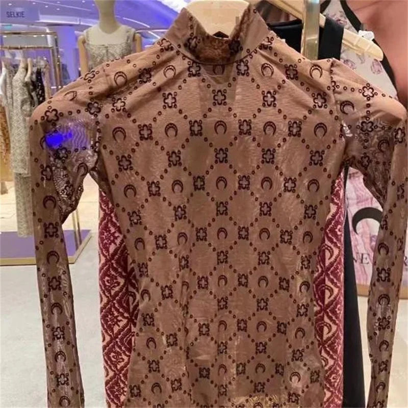 Women's Tulle Mesh Long Sleeve Sheer Blouse Moon Flocked Y2K Top