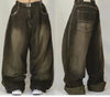 Oversized Black Washed Wide-Leg Jeans for Women - Loose High-Waist Streetwear with Letter Print