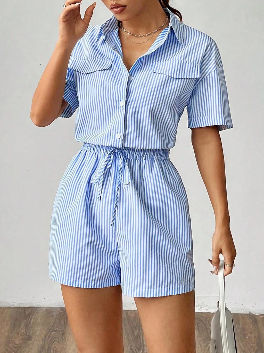 Women’s Blue & White Striped Short-Sleeve Jumpsuit Romper – Drawstring Waist, Office Casual Summer Shorts