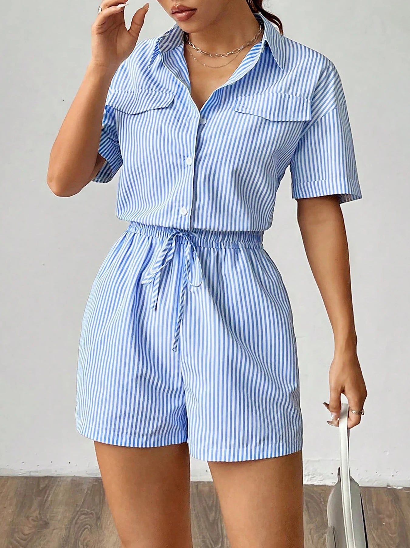 Women’s Blue & White Striped Short-Sleeve Jumpsuit Romper – Drawstring Waist, Office Casual Summer Shorts