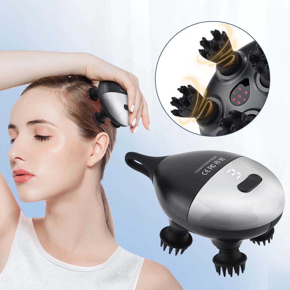 Electric Scalp Massager with 4 Kneading Heads – Rechargeable IPX7 Deep Tissue Head & Body Massager with Red Light Therapy for Hair Growth and Pet Use