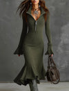 Women’s Knitted Fishtail Midi Dress – Slim Fit Lapel Collar, Flared Full Sleeves – Autumn Winter Solid