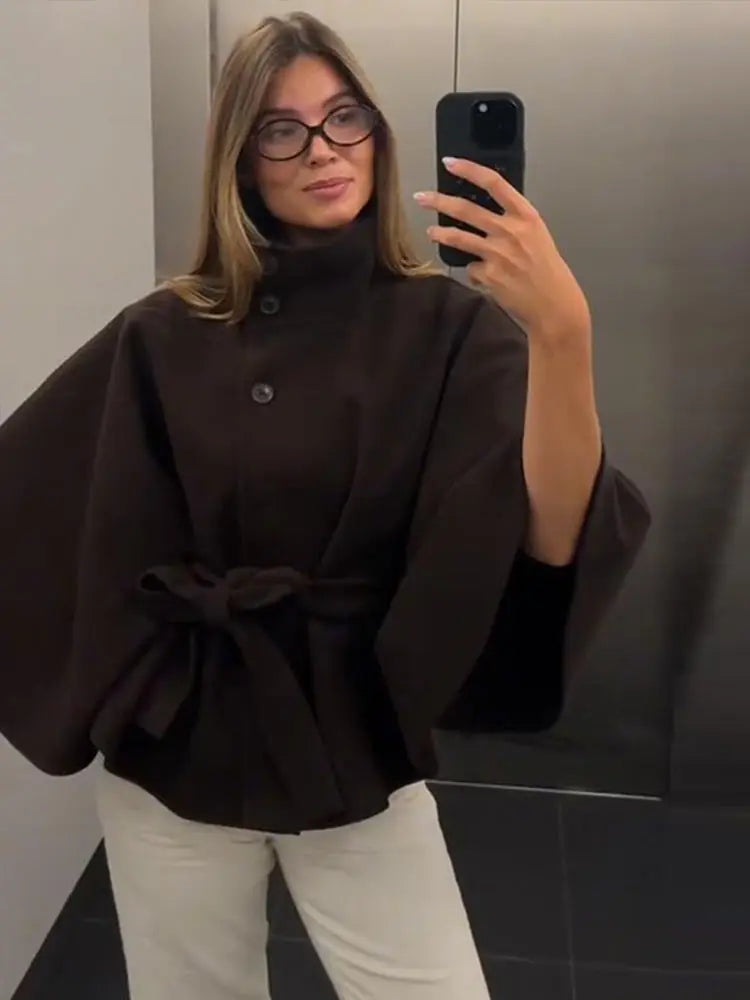 Faux Fur Cloak Jacket for Women – Stand Collar Three-Button Belted Wide-Sleeve Coat, Casual Chic Outerwear