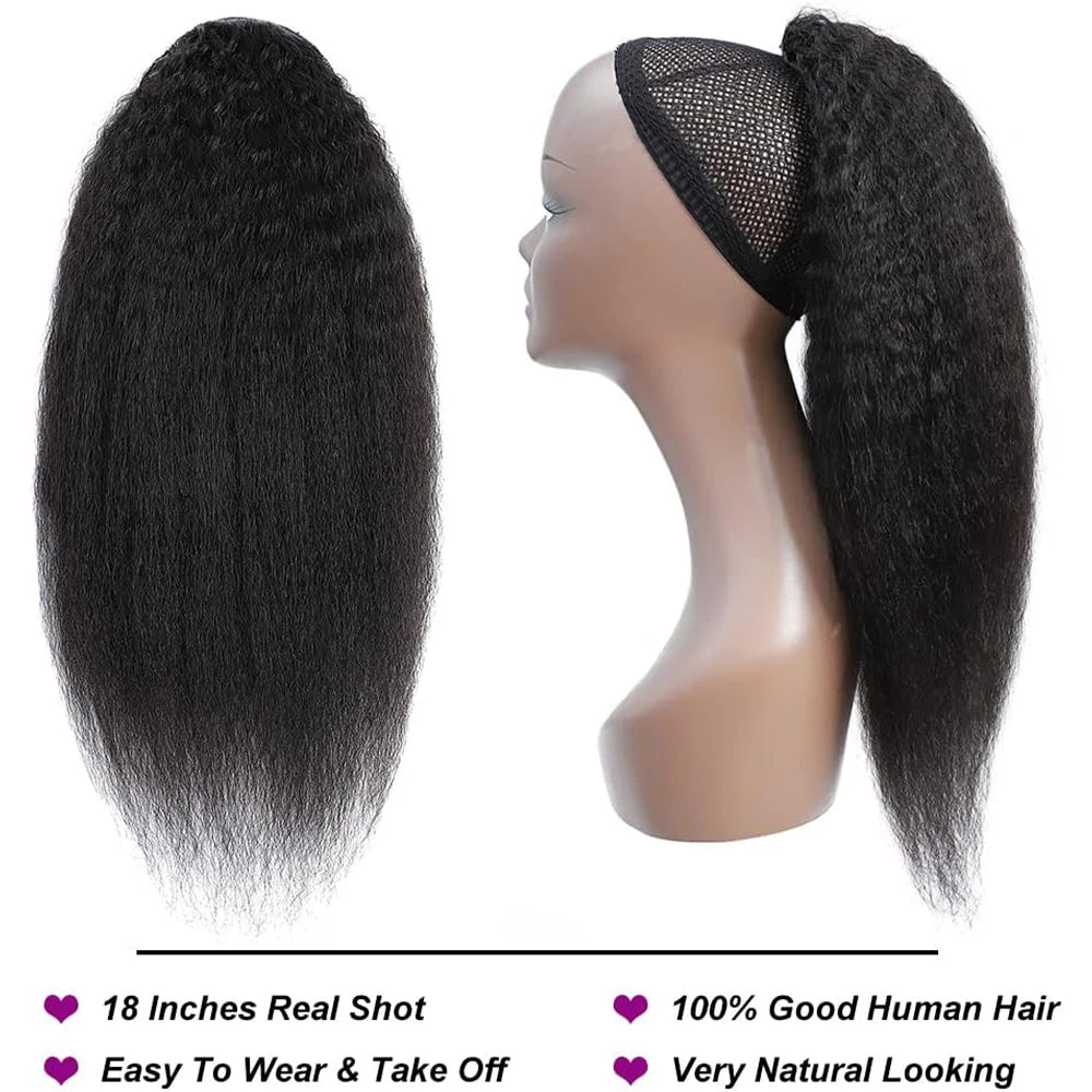 Kinky Straight Wrap-Around Drawstring Ponytail 100% Remy Brazilian Human Hair Extension Natural Black (1B)