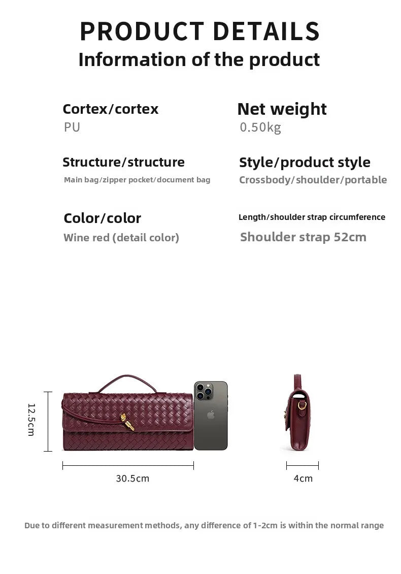 Woven Leather Baguette Shoulder Bag, Genuine Cow Leather Crossbody Handbag for Women