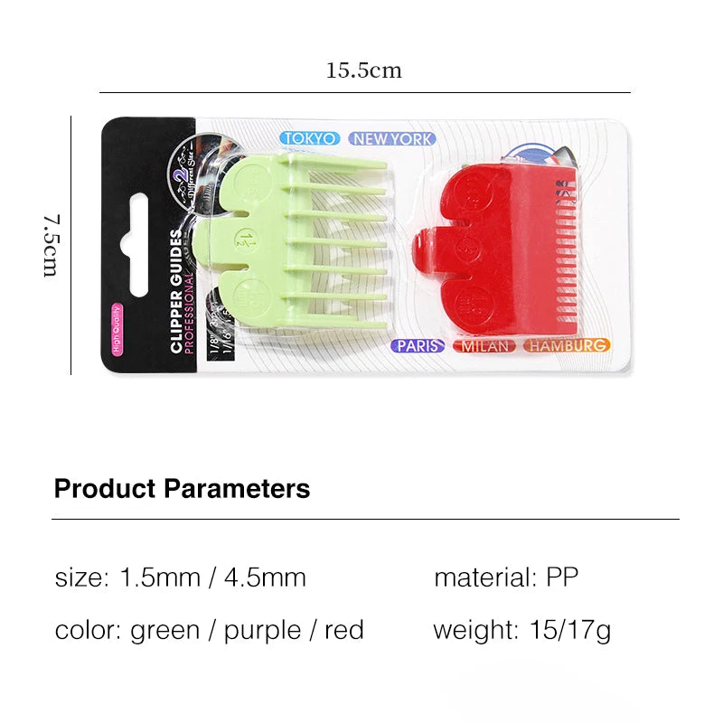 Universal Hair Clipper Guide Combs 1.5/3/4.5mm – Color-Coded Plastic Trimmer Guards (Green, Purple, Red)