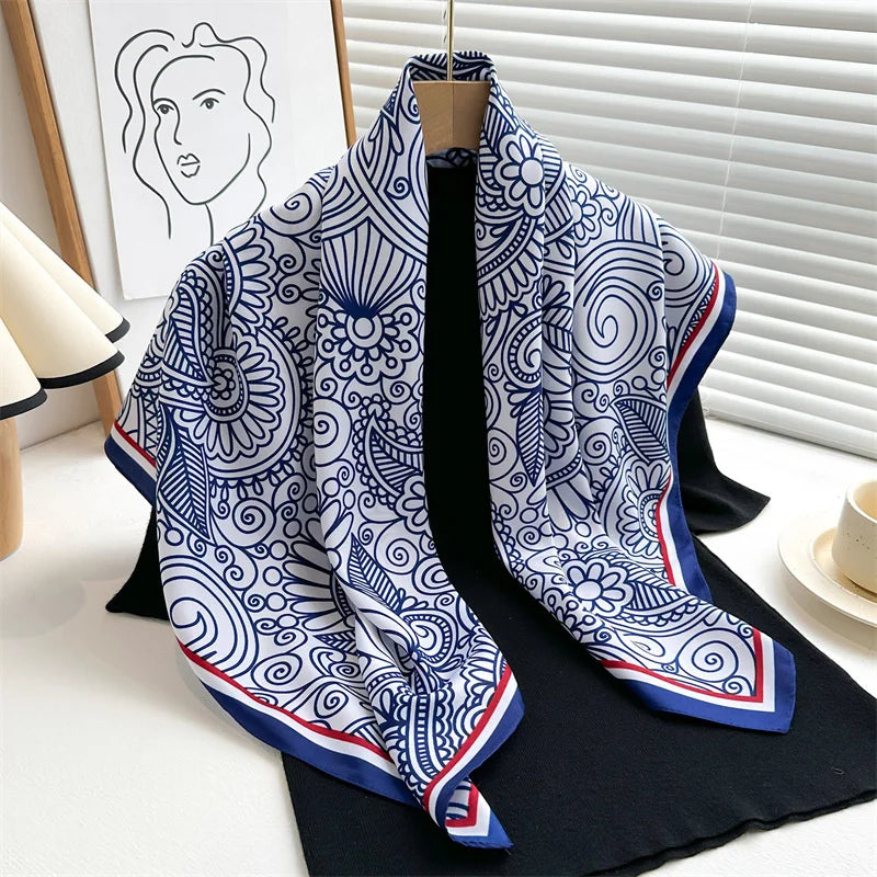 90 x 90 cm (35 x 35 in) Twill Silk-Feel Square Scarf – Women’s Luxury Tree Print Head Scarf, Shawl, Hijab, Bandana