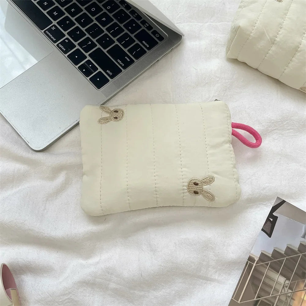 Quilted Embroidered Cotton Makeup Bag – Women's Zipper Cosmetic Pouch, Travel Toiletry Organizer, Cute Cartoon
