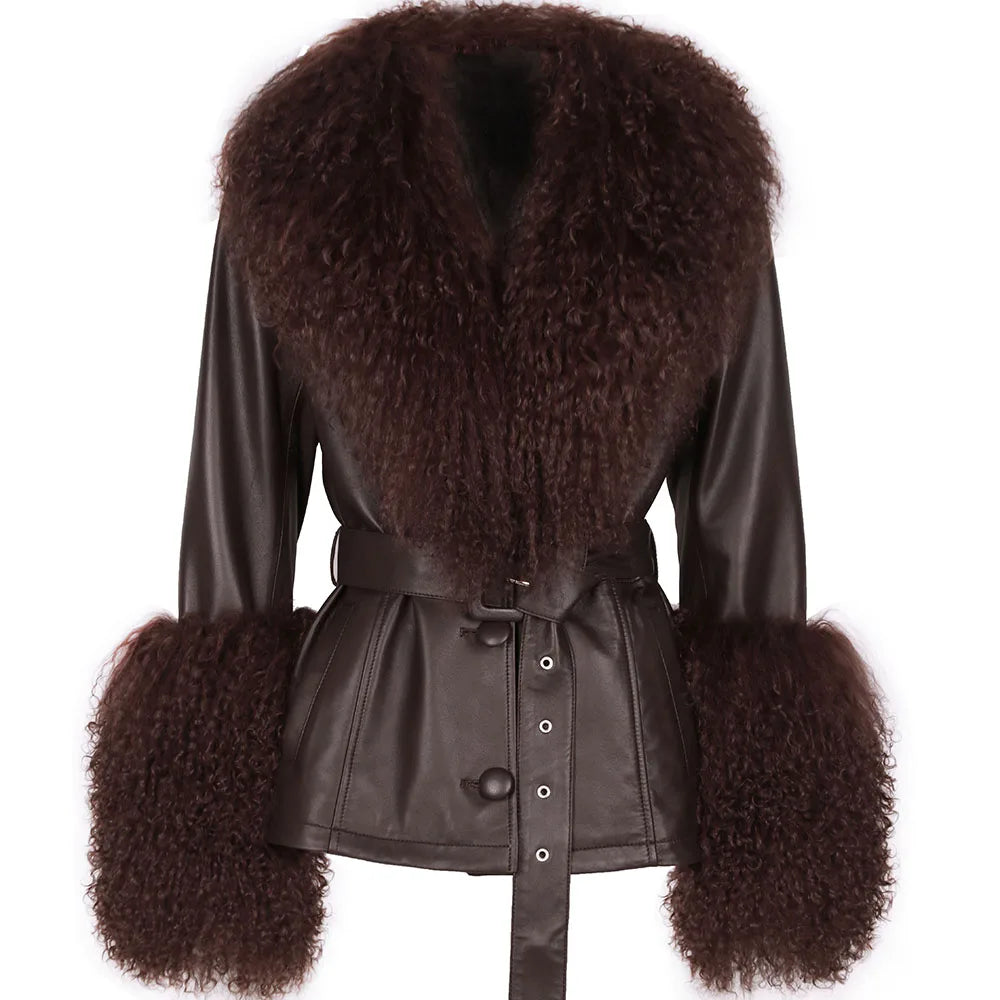 YOLOAgain Women's Genuine Sheepskin Leather Jacket with Real Fox Fur Detachable Collar & Sleeves - Belted Pockets, Autumn/Winter