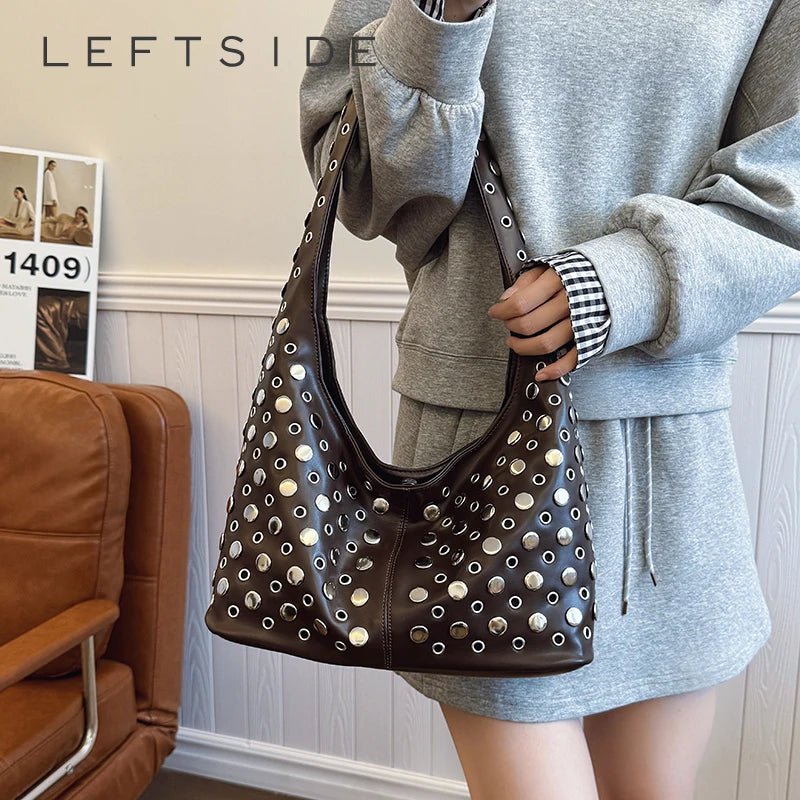 Rivets PU Leather Bucket Hobo Bag for Women - Punk Shoulder Handbag Purse