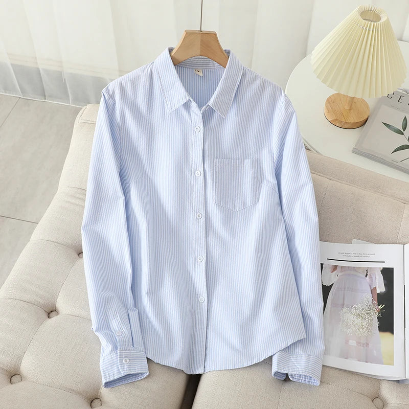 Women's Cotton Oxford Shirt - Casual Long-Sleeve Striped Blouse in White & Blue