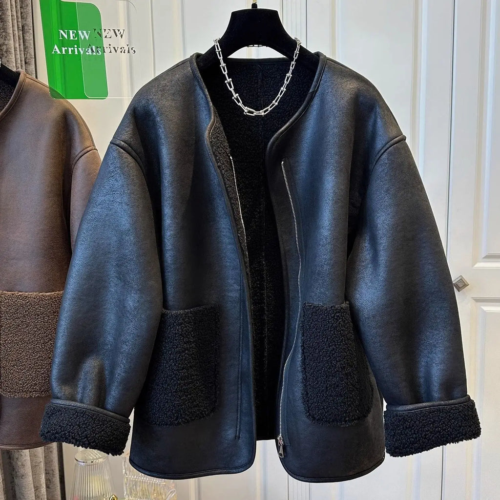 Women's Leather & Fur Splice Round-Neck Short Jacket – Loose Fit Autumn/Winter Coat