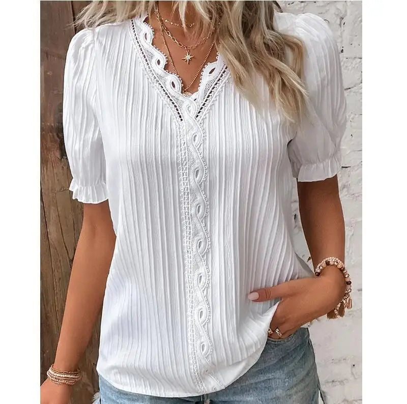 Women's Summer V-Neck Hollow Short Sleeve Top - Chiffon Splice Loose Plus Size Blouse