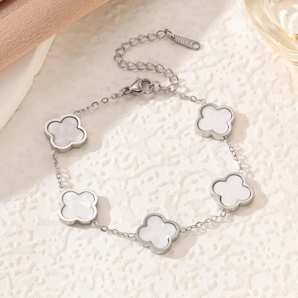 Four-Leaf Clover 18K Gold-Plated Stainless Steel Bracelet with Mother-of-Pearl, Non-Fading Women's Charm