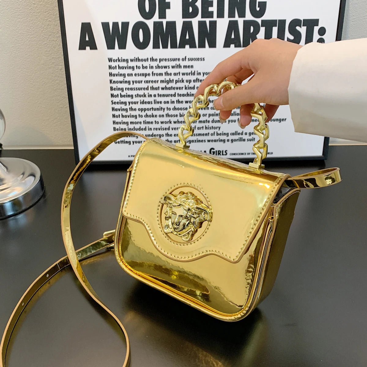 Mini Croc-Embossed Crossbody Bag with Gilded Medusa Logo – Vegan PU Flap, Magnetic Closure, Chain Handle & Adjustable Strap