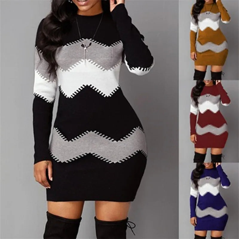 Women's Patchwork Rib Knit Turtleneck Sweater Mini Dress Long Sleeve Warm Casual A-Line