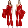 Women's 70s Disco Metallic Jumpsuit – Retro Hippie Bell-Bottom with Tiered Flare Sleeves, Back-Zip Party Costume