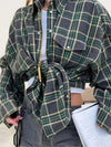 Oversized Women's Plaid Button-Down Shirt - Long Sleeve Tunic Blouse with Pockets, Korean Style Autumn/Winter