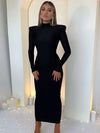 Women's Green Shoulder-Pad Bodycon Maxi Dress, Long Sleeve Party & Club Evening Gown
