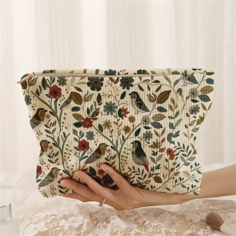 Corduroy Women's Makeup Bag – Branch Bird Floral Cosmetic Pouch for Travel & Commuting, 26×18×5 cm (10.2×7.1×2.0 in)