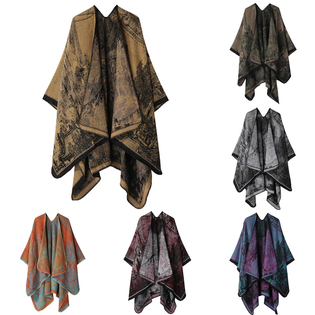 Women's Knitted Shawl Poncho - Imitation Cashmere Travel Cape Wrap, Ethnic Boho Cardigan