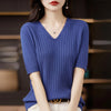 Women's V-Neck Short Sleeve Knit Top - Slim Casual Korean Pullover for Spring/Summer (Poly Cotton)