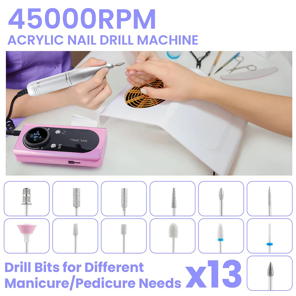 Rechargeable 45000RPM Portable Nail Drill Kit – Wireless Manicure & Pedicure Grinder with 6 Bits and 6 Sanding Bands