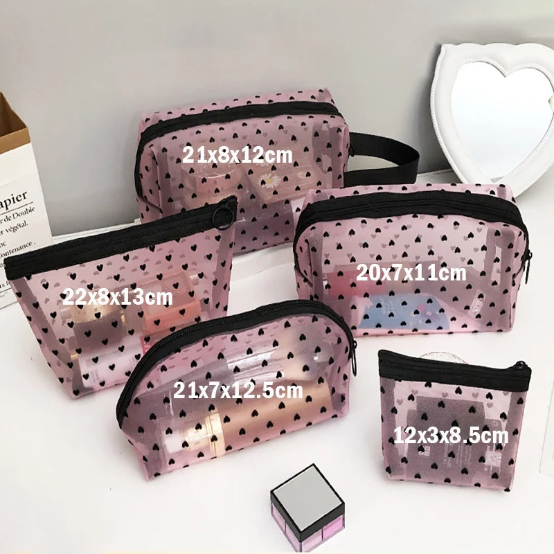 Heart Transparent Mesh Makeup Bag - Clear Zipper Cosmetic Pouch for Women, Portable Toiletry & Lipstick Organizer