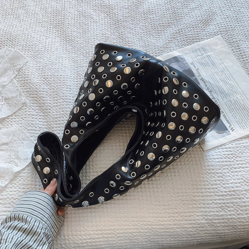 Rivets PU Leather Bucket Hobo Bag for Women - Punk Shoulder Handbag Purse