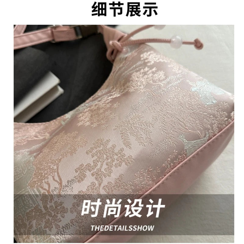 Retro Embroidered Silk Bucket Handbag for Women – Adjustable Shoulder Strap, Pearl Pendant, Floral Cheongsam Style