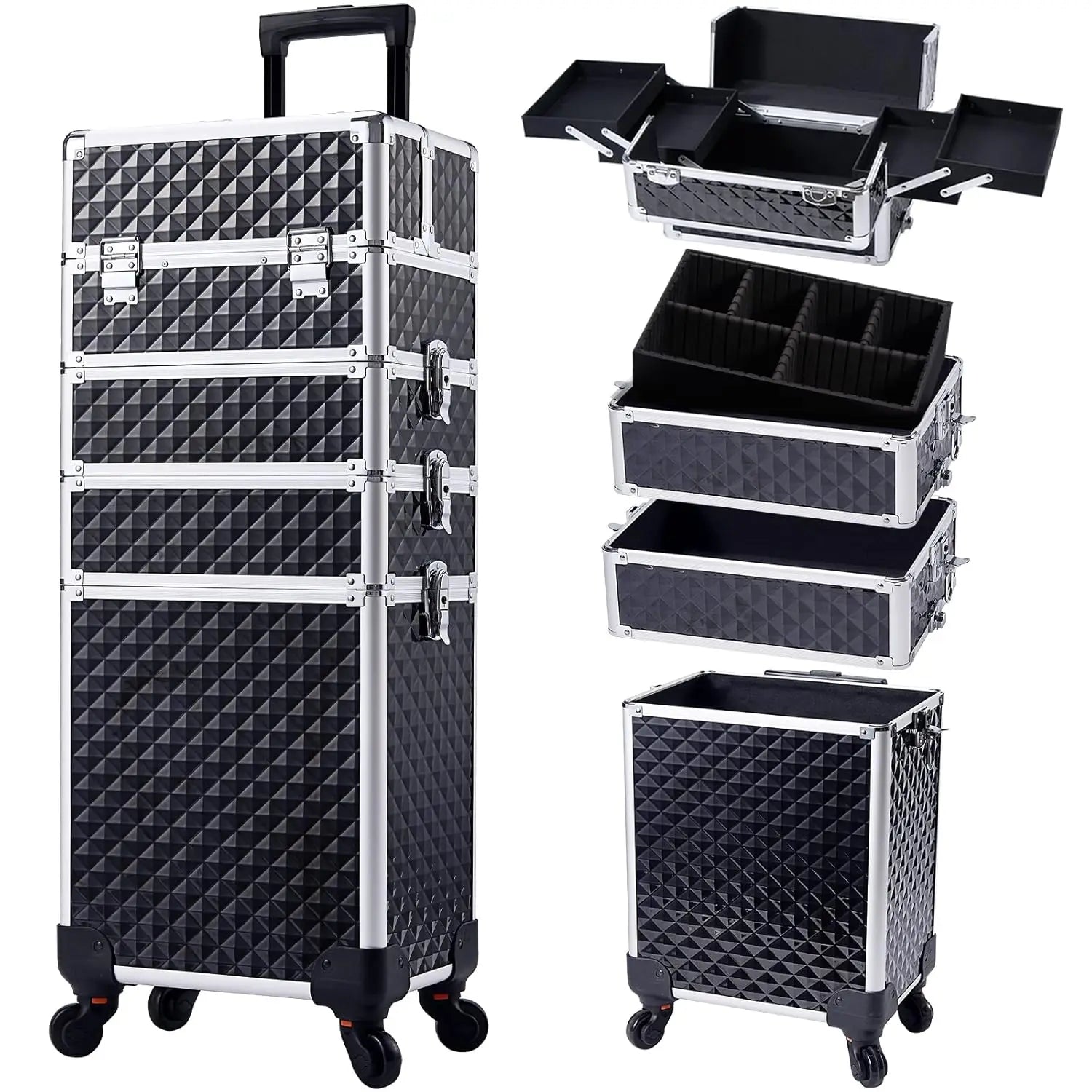 4-in-1 Rolling Makeup Train Case – Large Capacity Cosmetic Trolley with Wheels & Locking Keys for Salon and Travel