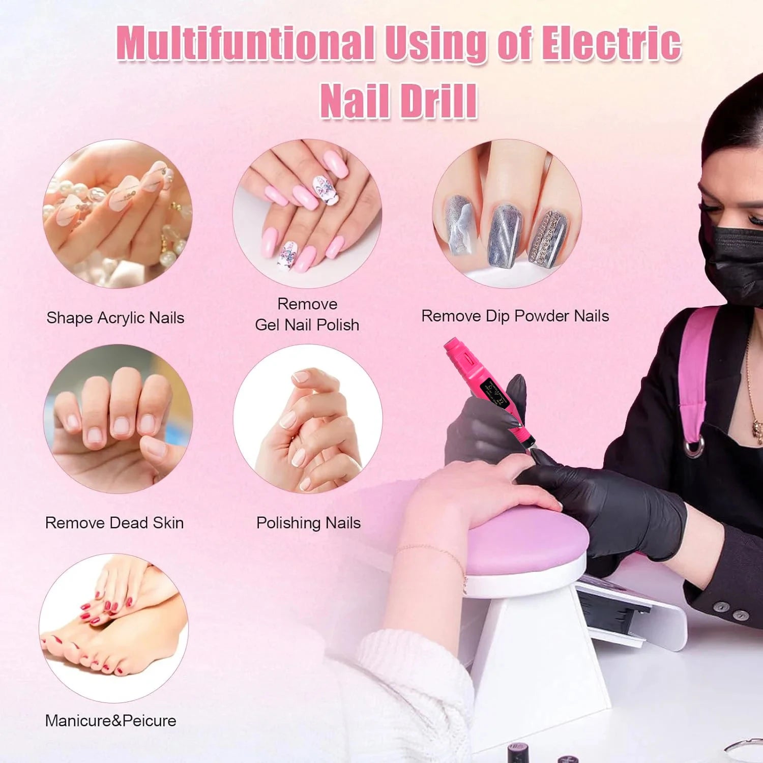 USB-Powered Electric Nail Drill Kit – Professional Manicure & Pedicure Nail File with 6 Bits and 6 Sanding Bands