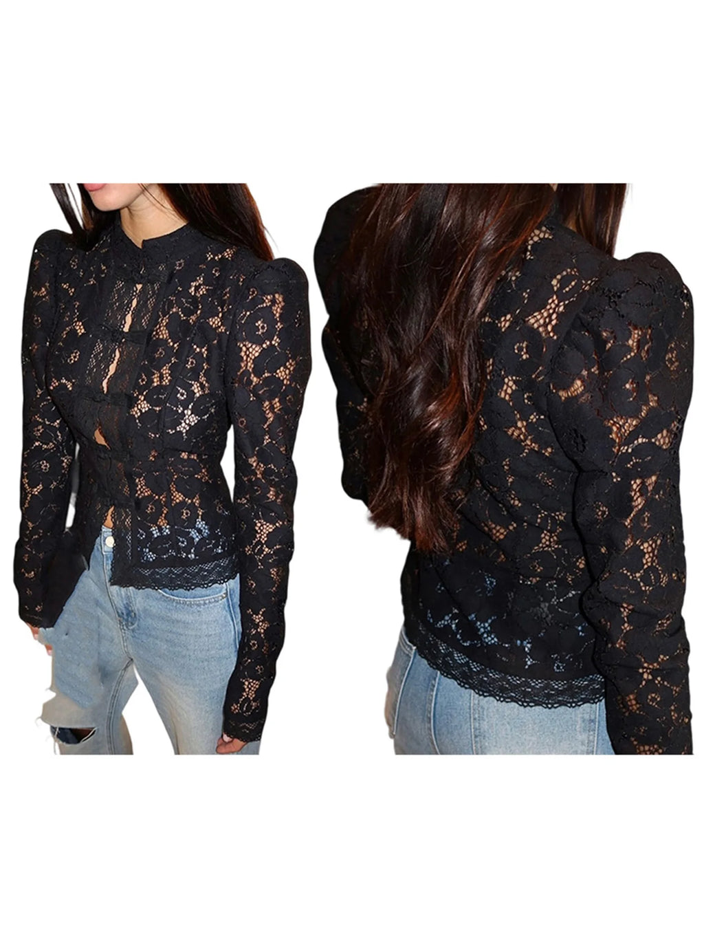 Women's Floral Lace Blouse - Long Sleeve Button-Up Sheer Top for Work & Date Night