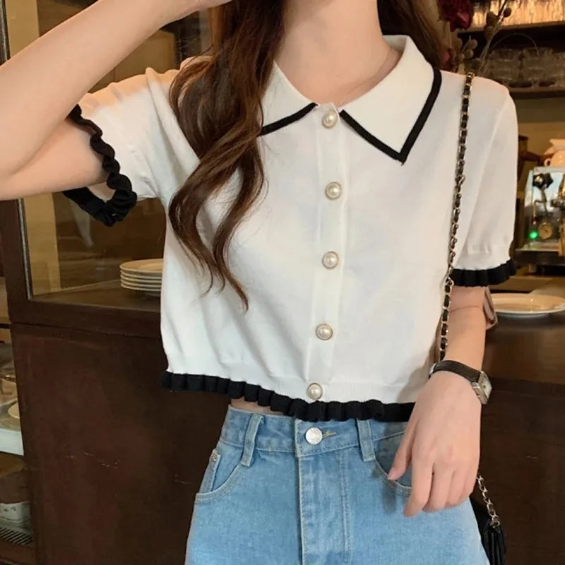 Korean Knit Turn-Down Collar Crop Blouse - Short Sleeve Slim Summer Top for Women