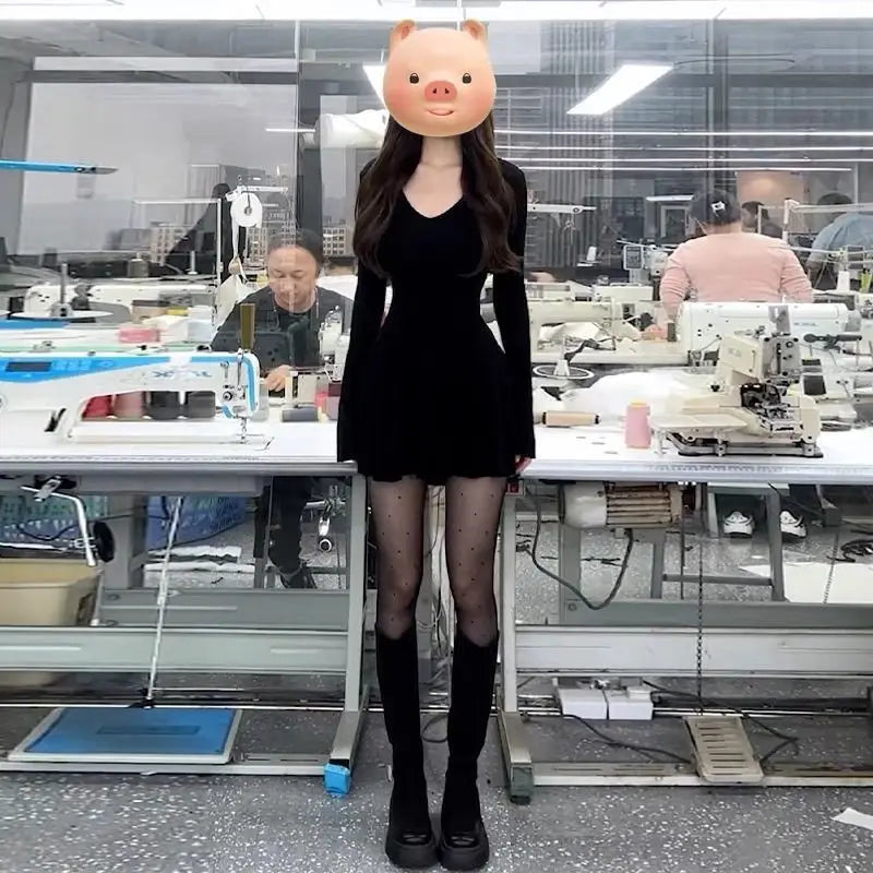 French V-Neck Ribbed Knit A-Line Mini Dress - Long Sleeve Autumn Winter Waist-Defining