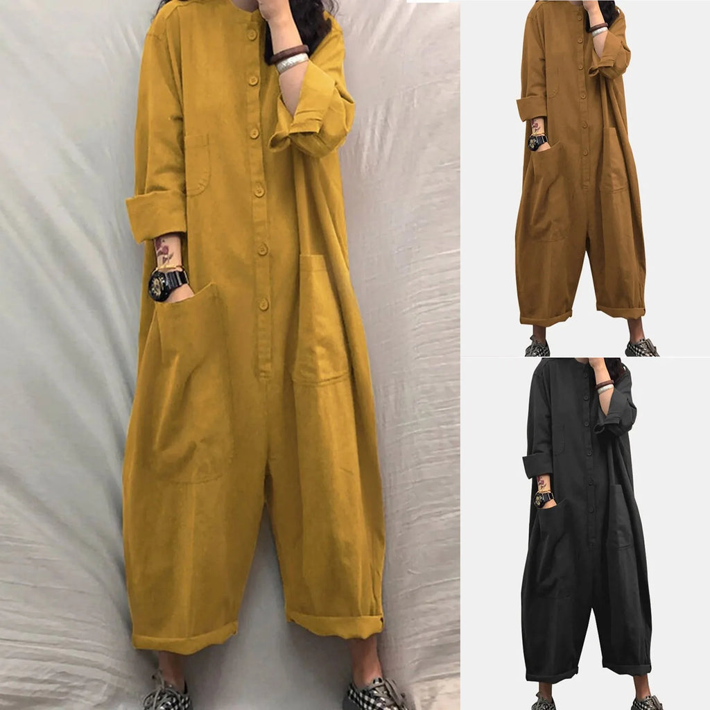 Women's Casual Cargo Jumpsuit — Loose Full-Length V-Neck with Pockets, Mid-Waist Long Sleeve Solid