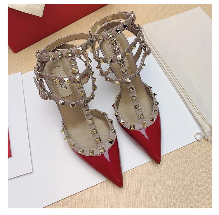 Women's Gladiator High-Heel Sandals - Black Patent Leather 3-Strap Ankle Strap Rivet Designer Heels