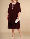 Plus Size Chiffon Midi Dress L-5XL — Irregular Layered Hem Flowy A-Line O-Neck Party & Wedding Guest Dress