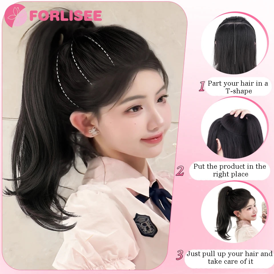 FORLISEE Clip-In Wavy Ponytail Extension with Volume Pad, Heat-Resistant Synthetic Hairpiece